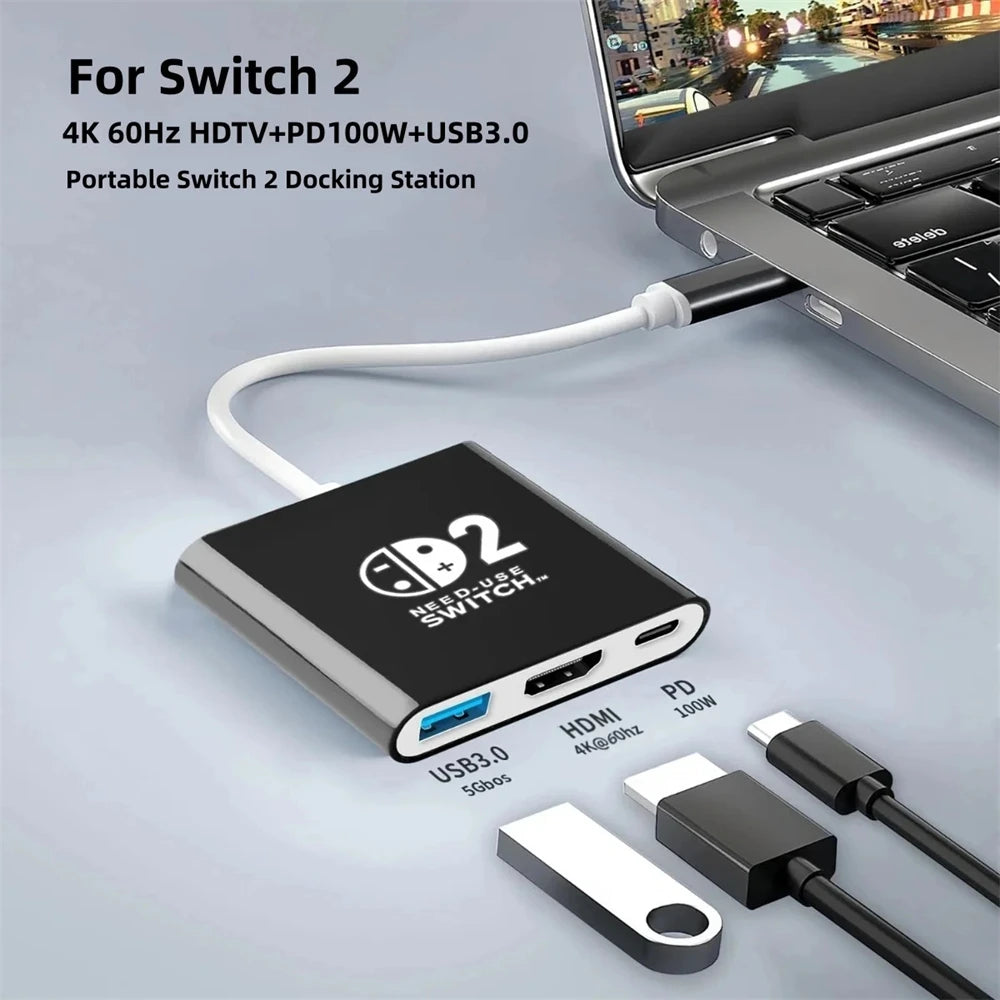 Docking Station for Switch 2 4K 60Hz TYPEC Hub with HDMI-compatible and USB-C 3.0 PD100W Charge Perfect for Switch 2/Switch/OLED