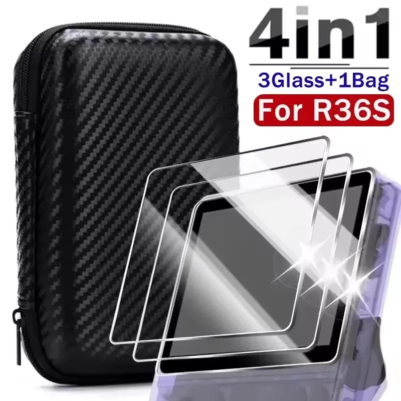 4in1 Bag+Films for R36S Game Console Carrying Storage Case With Lanyar Tempered Glass for R36S Screen Protector Anti-Scratch Kit