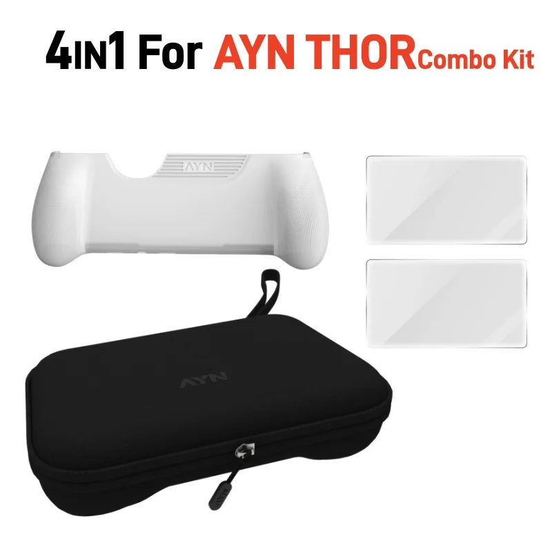 For AYN THOR Handheld Game Console - White TPU Grip + Hard Carrying Case + Tempered Glass Screen Protector Full Protective Combo
