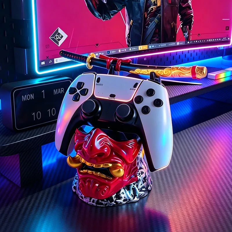 Cool Red Oni Mask Resin Game Controller Holder Samurai Sword