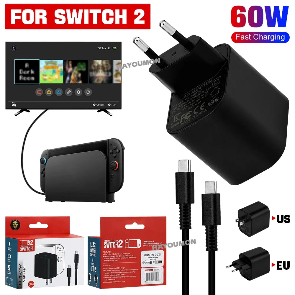 EU/US Plug AC Adapter Fast Charger For NS Switch 2 Game Cons