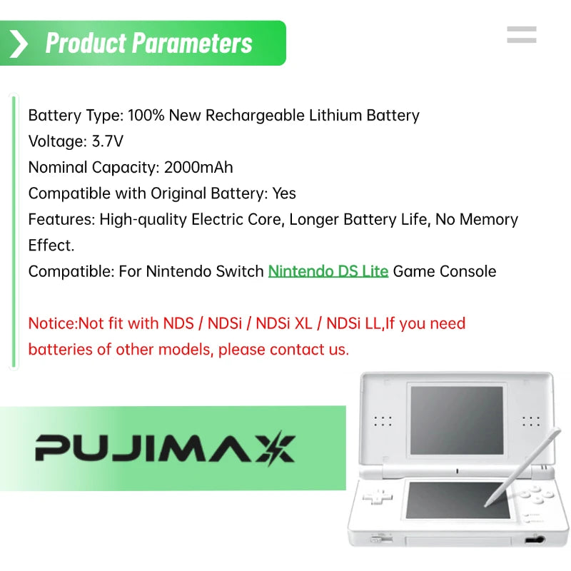 PUJIMAX 2000mAh Game Console Battery for NDSL for Nintendo D