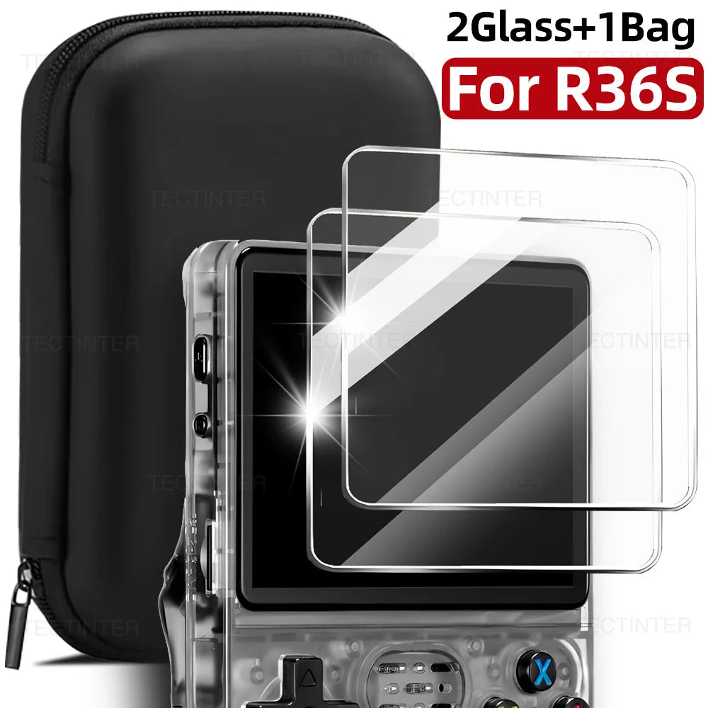 4 IN 1 For R36S Case+Screen Protector Tempered Glass Film Travel Carrying Storage Bag For Anbernic R36S Game Console Accessories