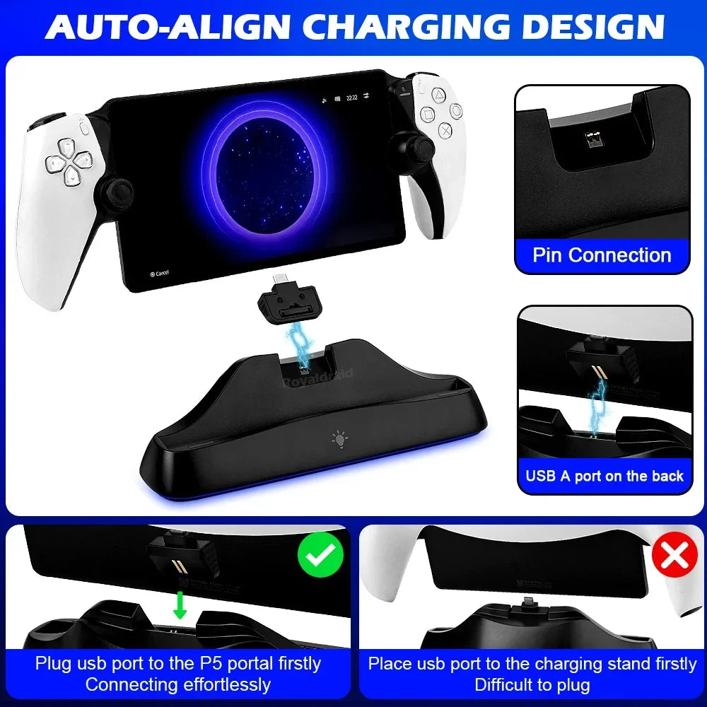 7 Lights Auto-Align Charging Dock Station For PS5 PS Portal 