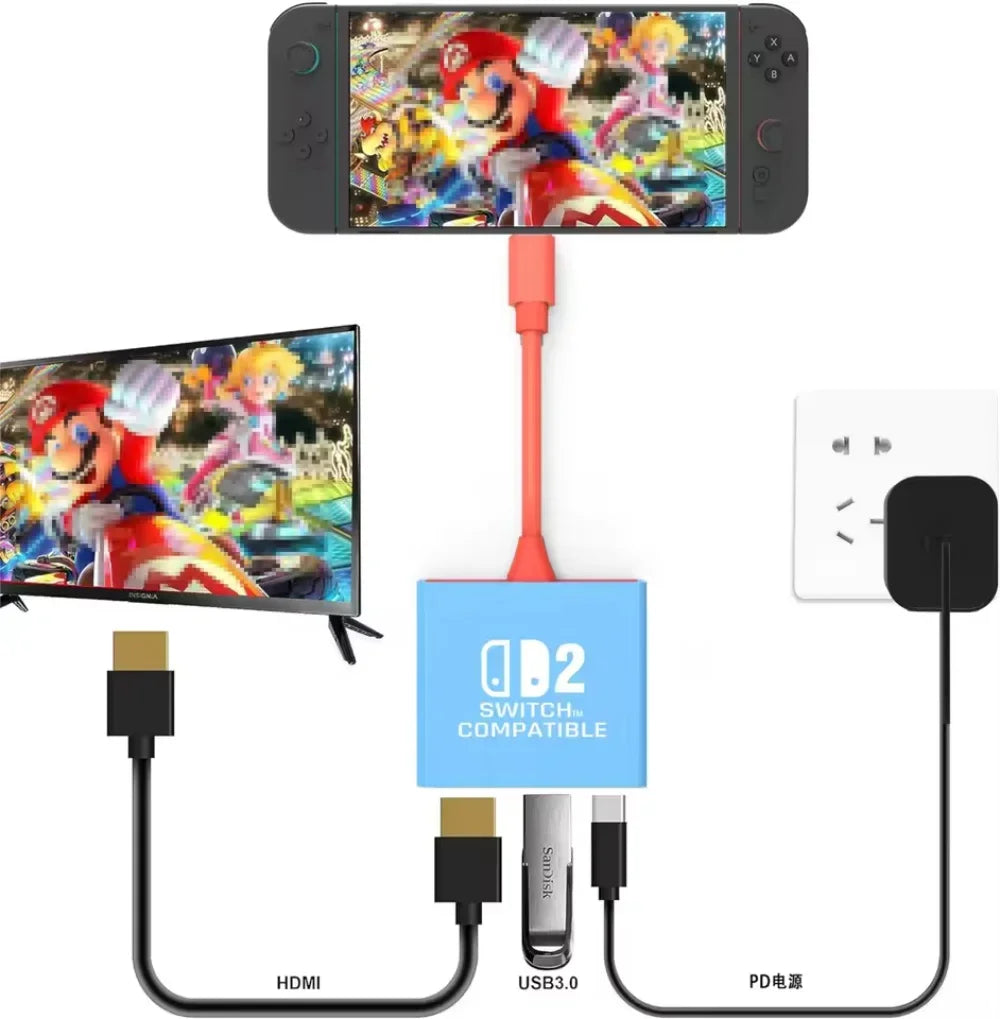 Switch 2 Dock HDMI 4K USB 3.0 Hub Adapter USB Splitter TV Po
