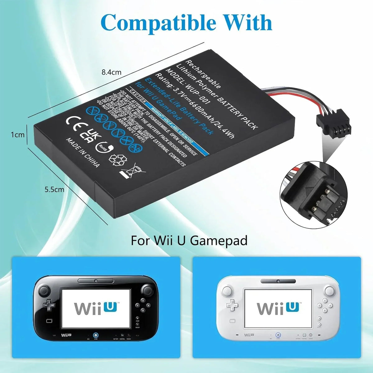 1Pcs 6600mAh Wii U Gamepad Battery Replacement for Nintendo 