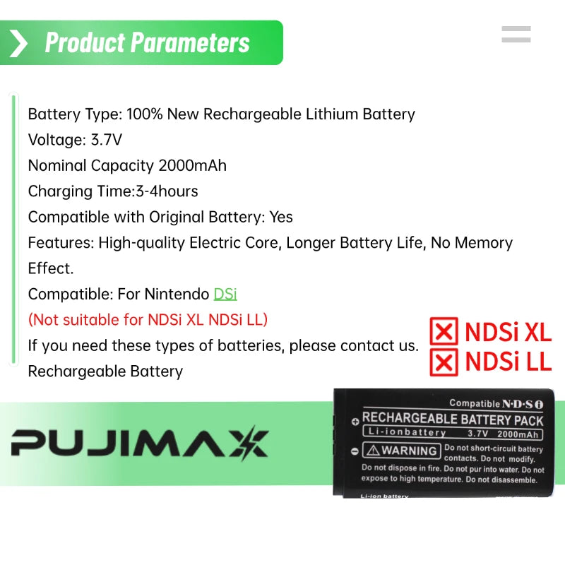 PUJIMAX 2000mAh Rechargeable Lithium-ion Battery 3.7V for Ni