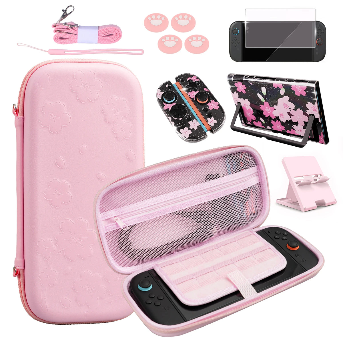 Pink Travel Case Accessories For Nintendo Switch 2 Cute Sakura Poch Carrying Bag With Strap Stand Temper Film Glass Protector