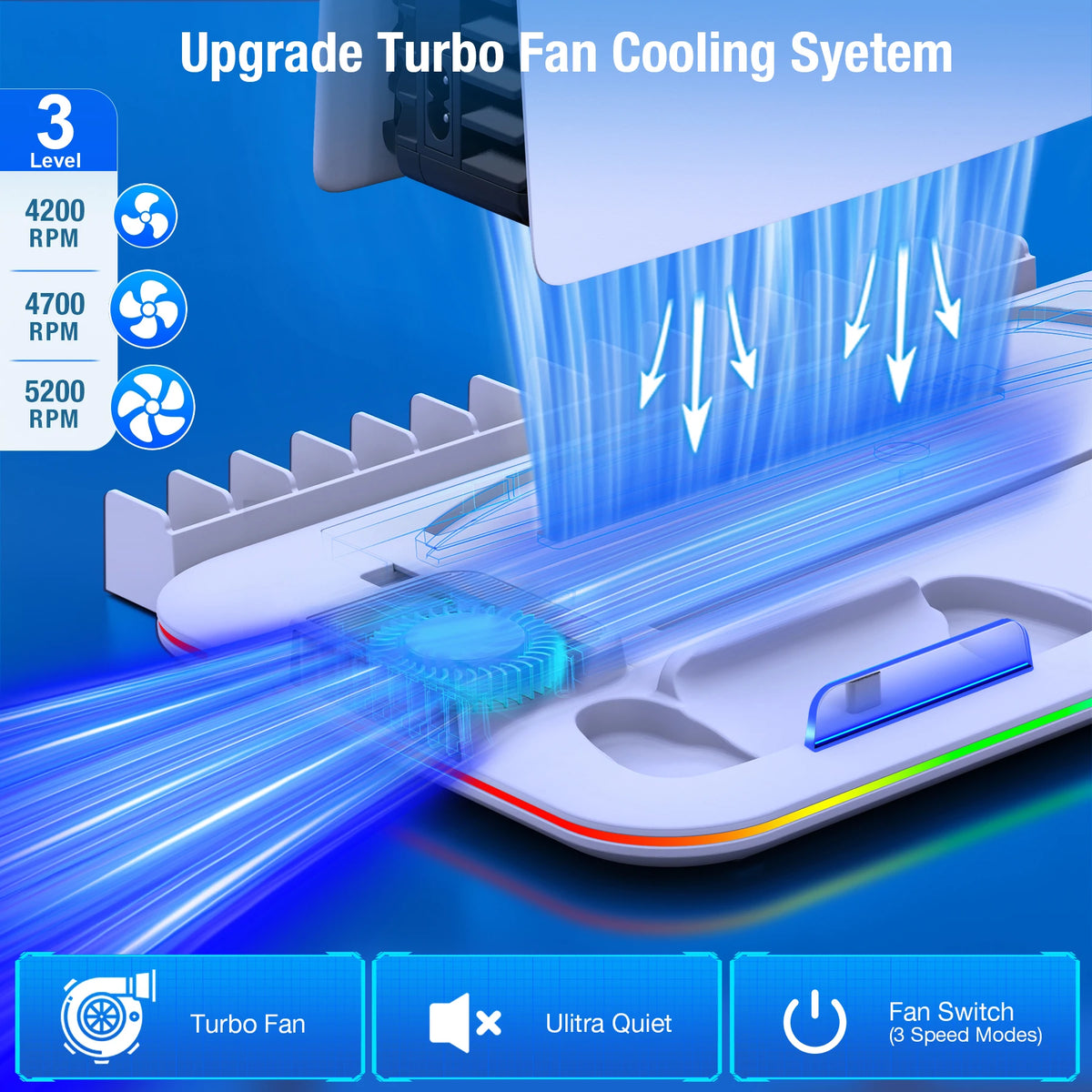 For PS5 Slim Cooling Stand with RGB Light Fan For PS5 Consol