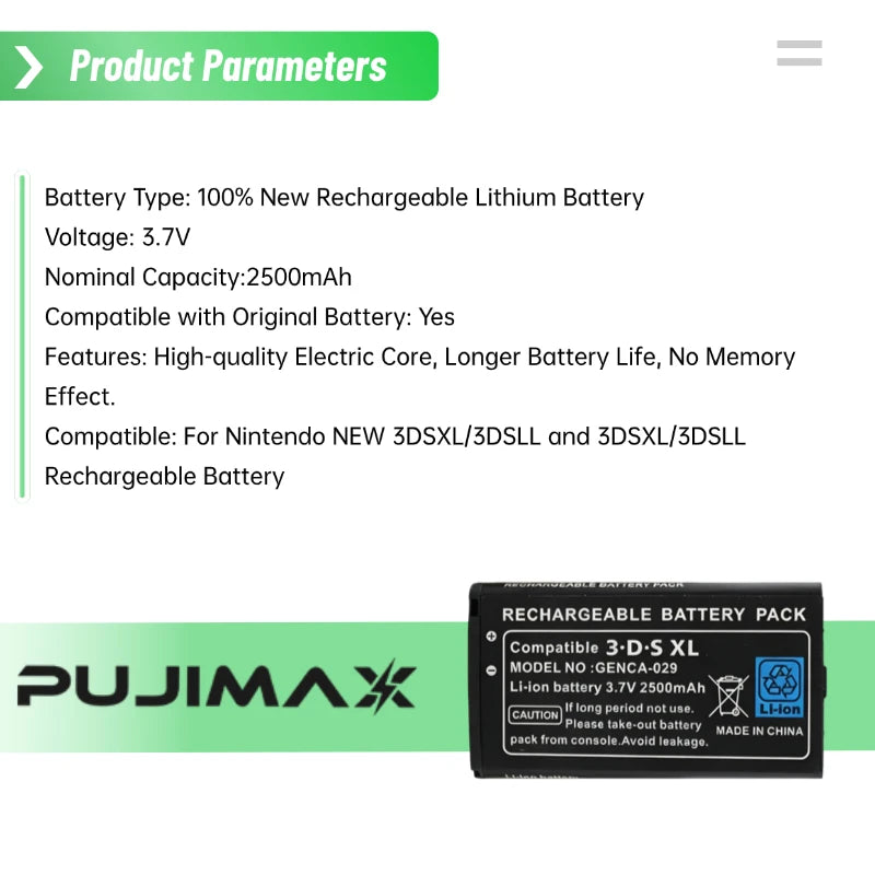 PUJIMAX 2500mAh Battery 3.7V for Nintendo NEW 3DSXL 3DSLL Ga