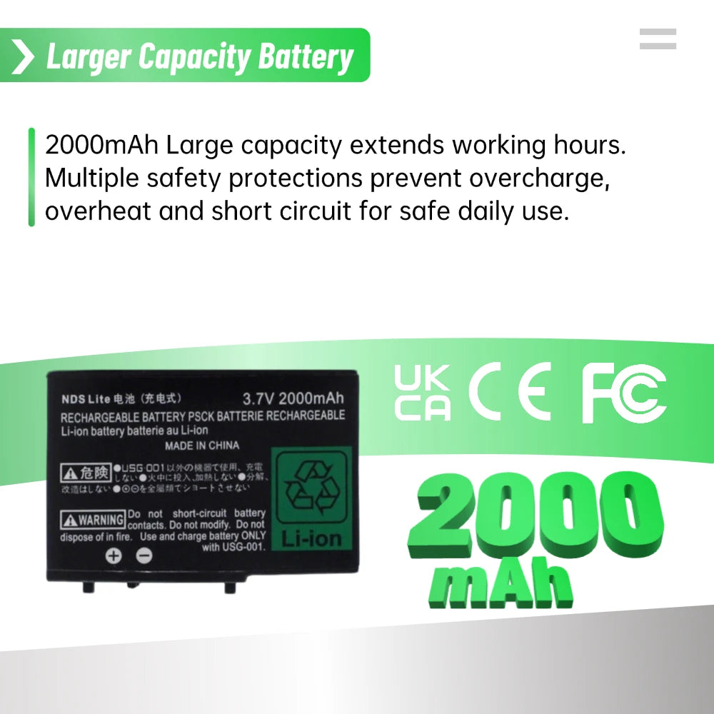 PUJIMAX 2000mAh Game Console Battery for NDSL for Nintendo D