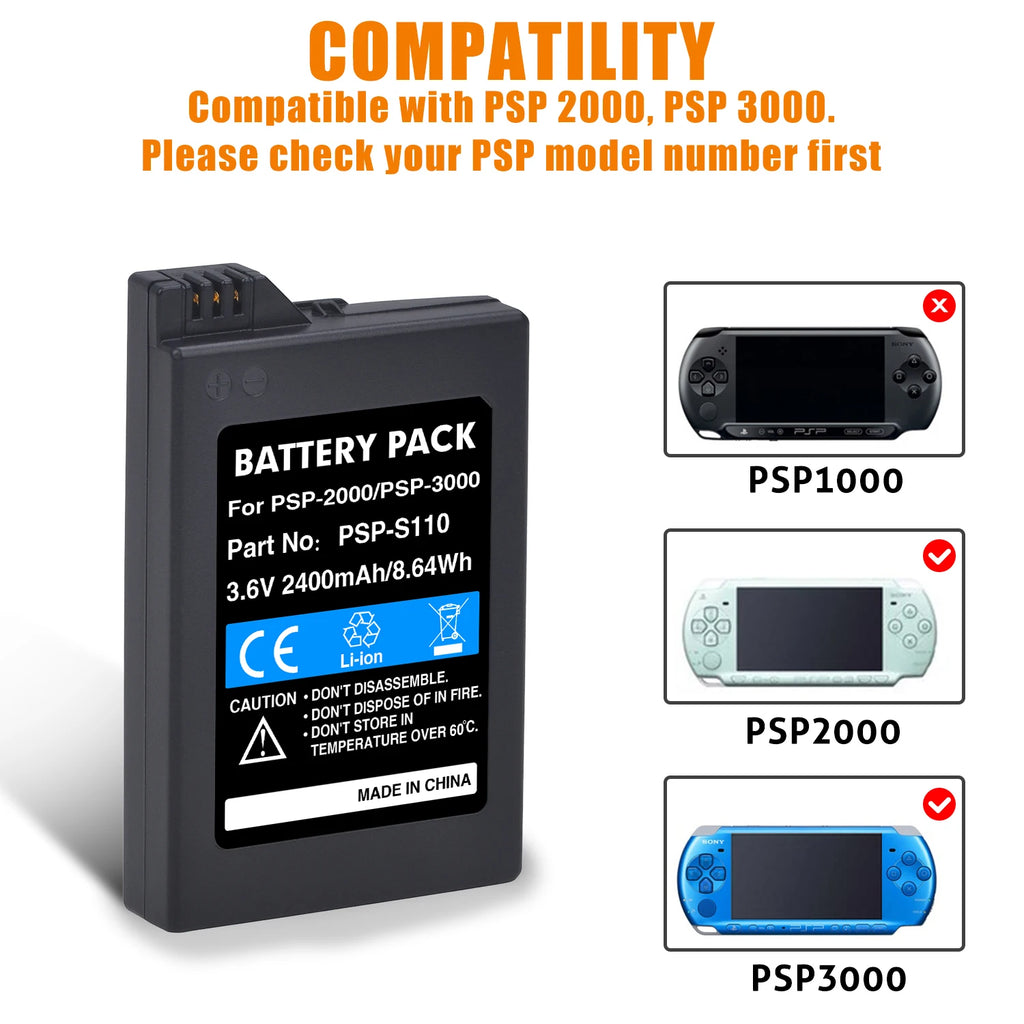 2400mAh PSP-S110 Replacement Battery for Sony PSP 2000 3000 