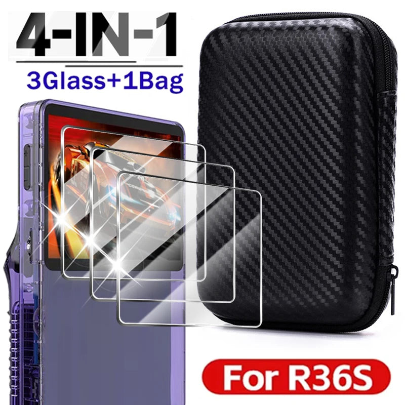 4 IN 1 Case+Glass for R36S Game Console Travel Carrying Stor