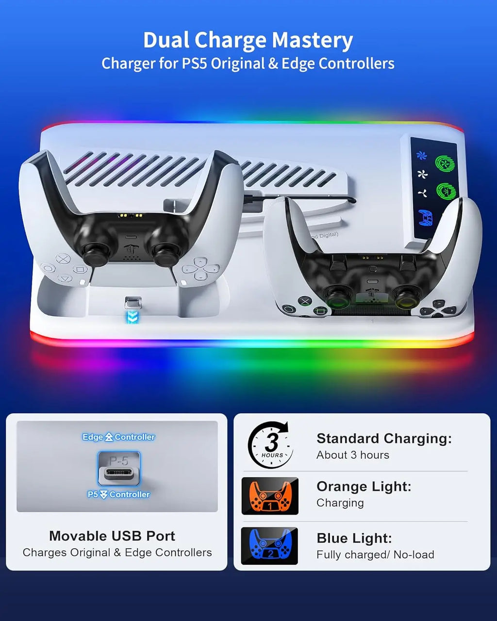 For PS5/Slim/Pro Cooling Stand with LED Controller Charging 