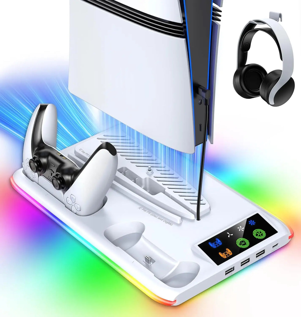 For PS5/Slim/Pro Cooling Stand with LED Controller Charging 