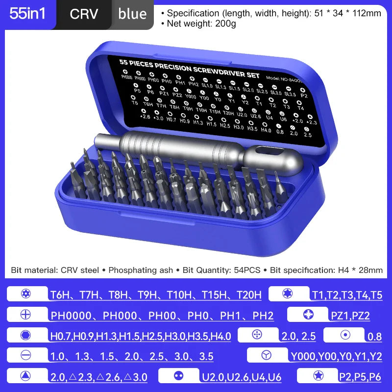 55PCS Mini Precision Screwdriver Set CRV Magnetic Bits Repair Kit for Smartphone Laptop Watch Game Console Electronics Tools