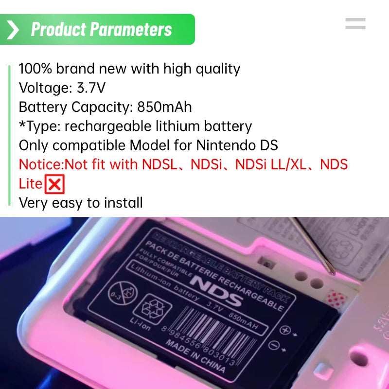 PUJIMAX NTR-003 850mAh Lithium Battery for Nintendo NDS Game