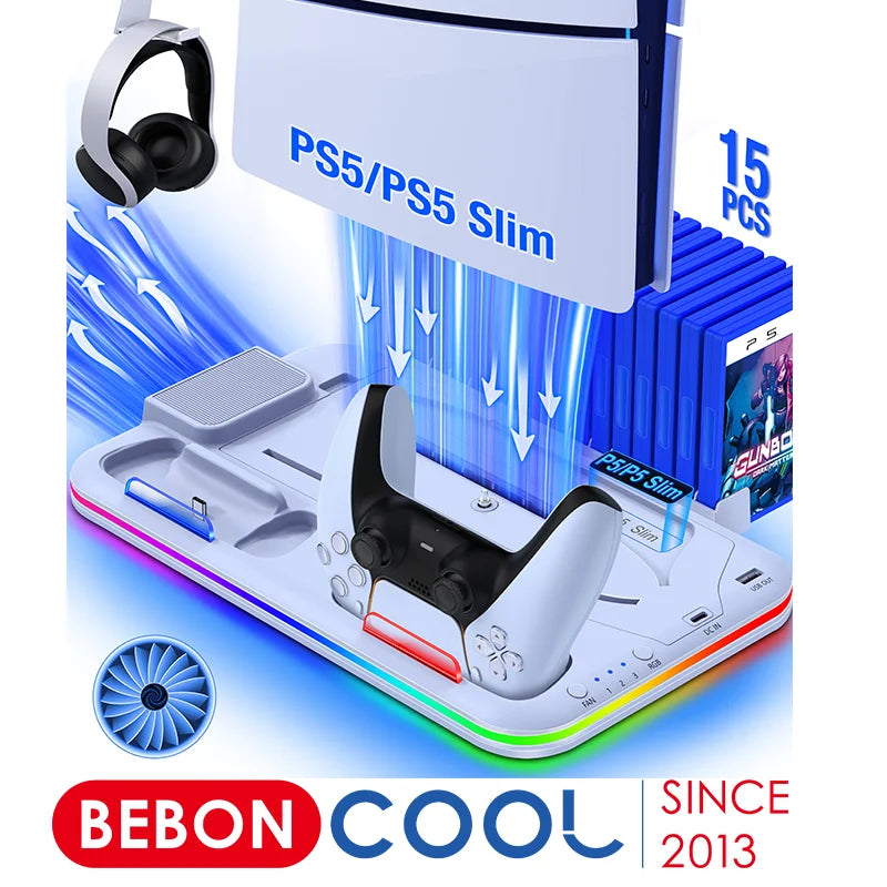 For PS5 Slim Cooling Stand with RGB Light Fan For PS5 Consol