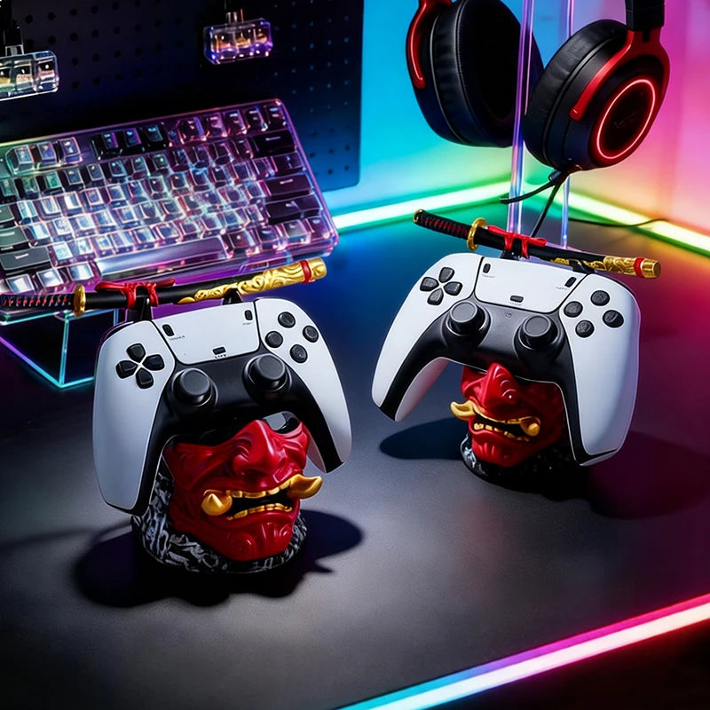 Cool Red Oni Mask Resin Game Controller Holder Samurai Sword