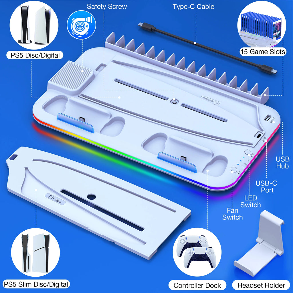 For PS5 Slim Cooling Stand with RGB Light Fan For PS5 Consol
