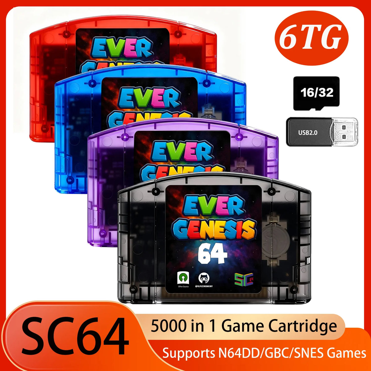 SC64 5000 in 1 N64 Game Cartridge Open Source Flash Card 16G