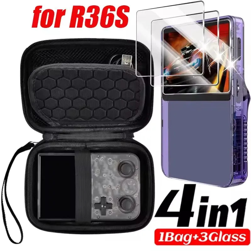 4in1 Bag+Films for R36S Game Console Carrying Storage Case W