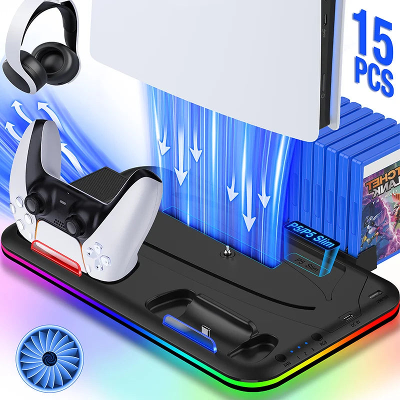 For PS5 Slim Cooling Stand with RGB Light Fan For PS5 Console Disc&Digital Editions PS5 Controller Dual Controller Charging Dock