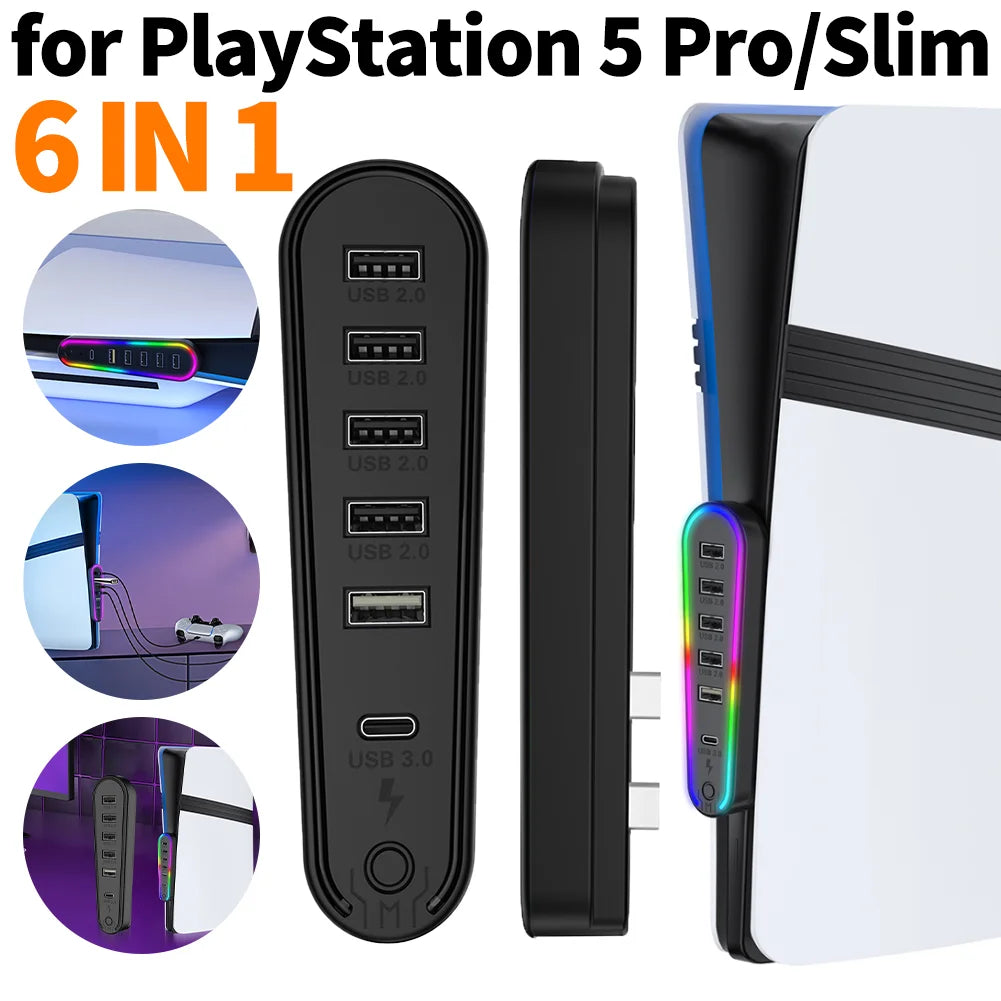 6 Ports Expansion Hub with RGB Light Charger Adapter Convert