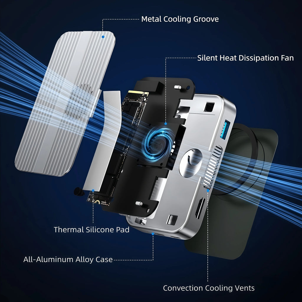 M.2 NVMe SSD Enclosure Cooling Fan Magnetic 10Gbps USB C Doc