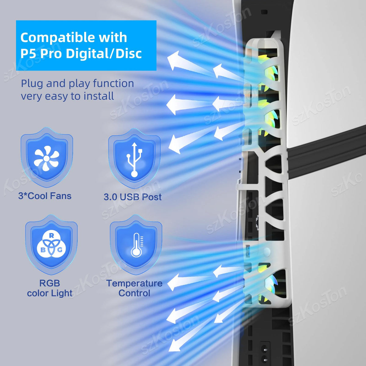 For PS5 Pro Cooling Fan Temperature-Controlled External Fan 