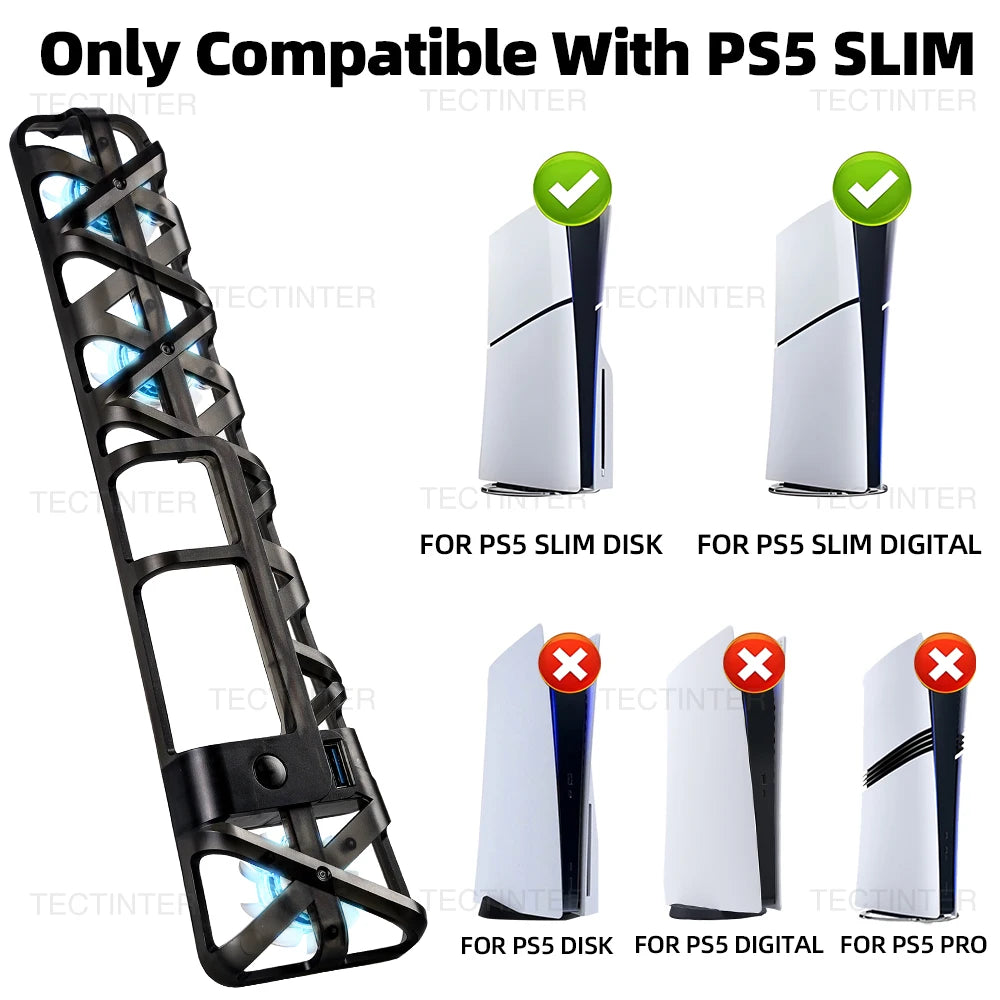 For PS5 Slim Cooling Fan 3 Levels LED Light USB3.0 Hubs Cool