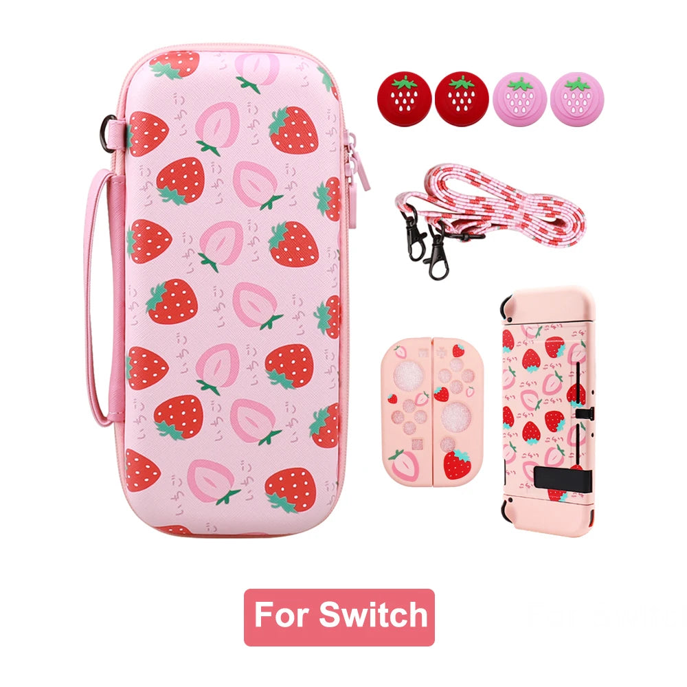 For Switch Carrying Case EVA Hard Shell with Strawberry & Cherry Blossom Pattern Fits for Switch/OLED with Accessories