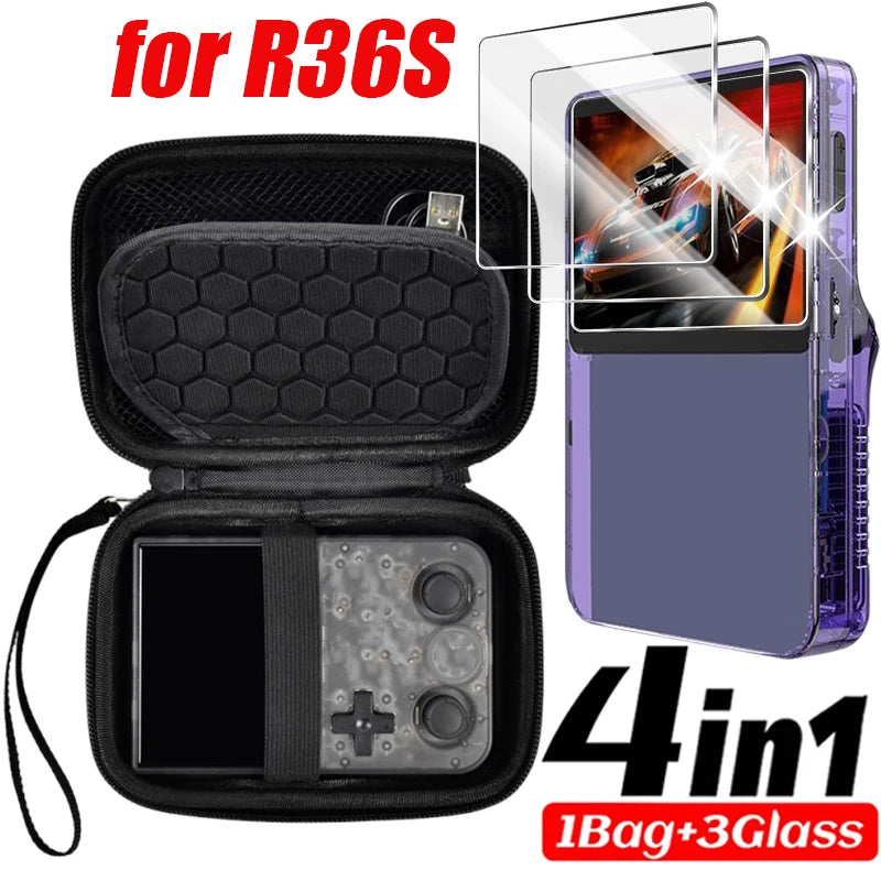 4in1 Bag+Films for R36S Game Console Carrying Storage Case W