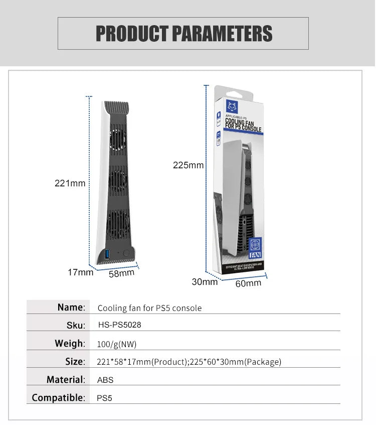 For PS5 Console External Host Cooling Fan Vertical Stand Ext