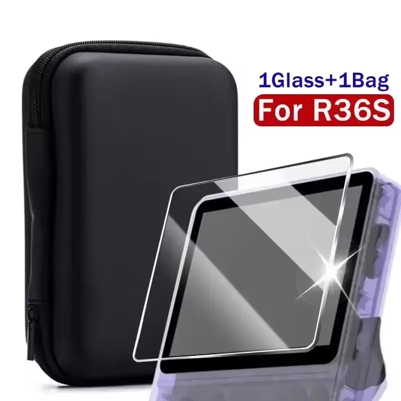 4in1 Bag+Films for R36S Game Console Carrying Storage Case With Lanyar Tempered Glass for R36S Screen Protector Anti-Scratch Kit