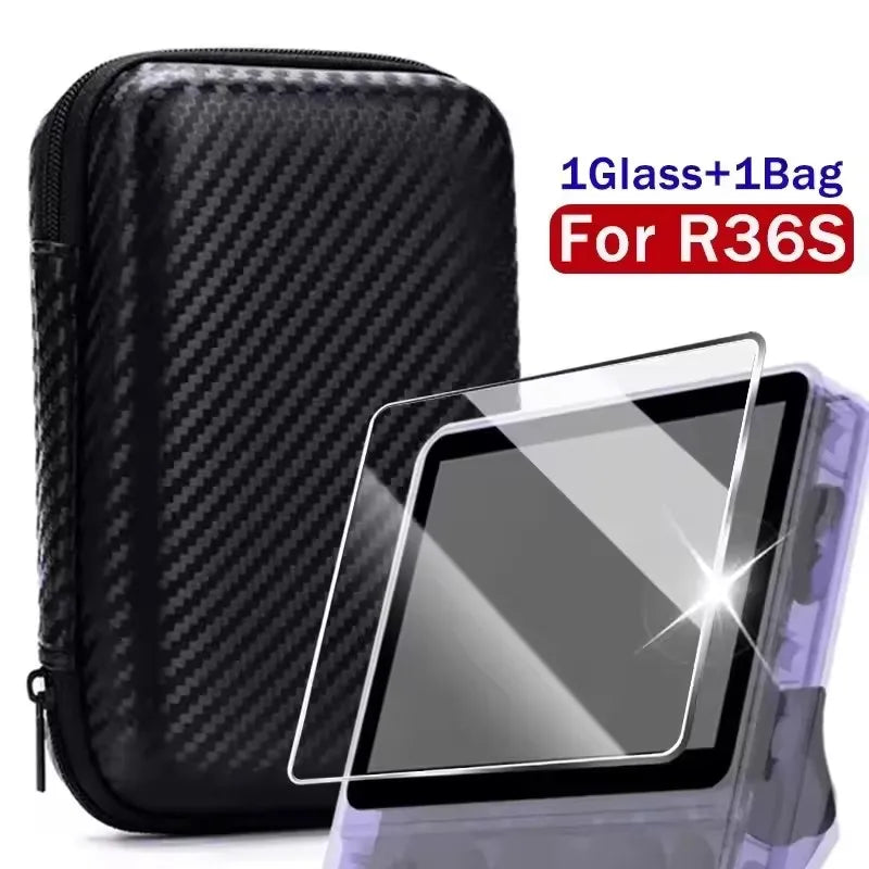 4in1 Bag+Films for R36S Game Console Carrying Storage Case With Lanyar Tempered Glass for R36S Screen Protector Anti-Scratch Kit