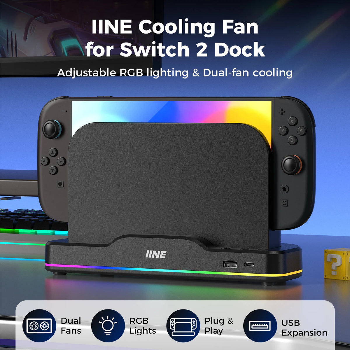 IINE RGB Cooling Fan for Switch 2 Dock/ns2/Switch2 RGB Light
