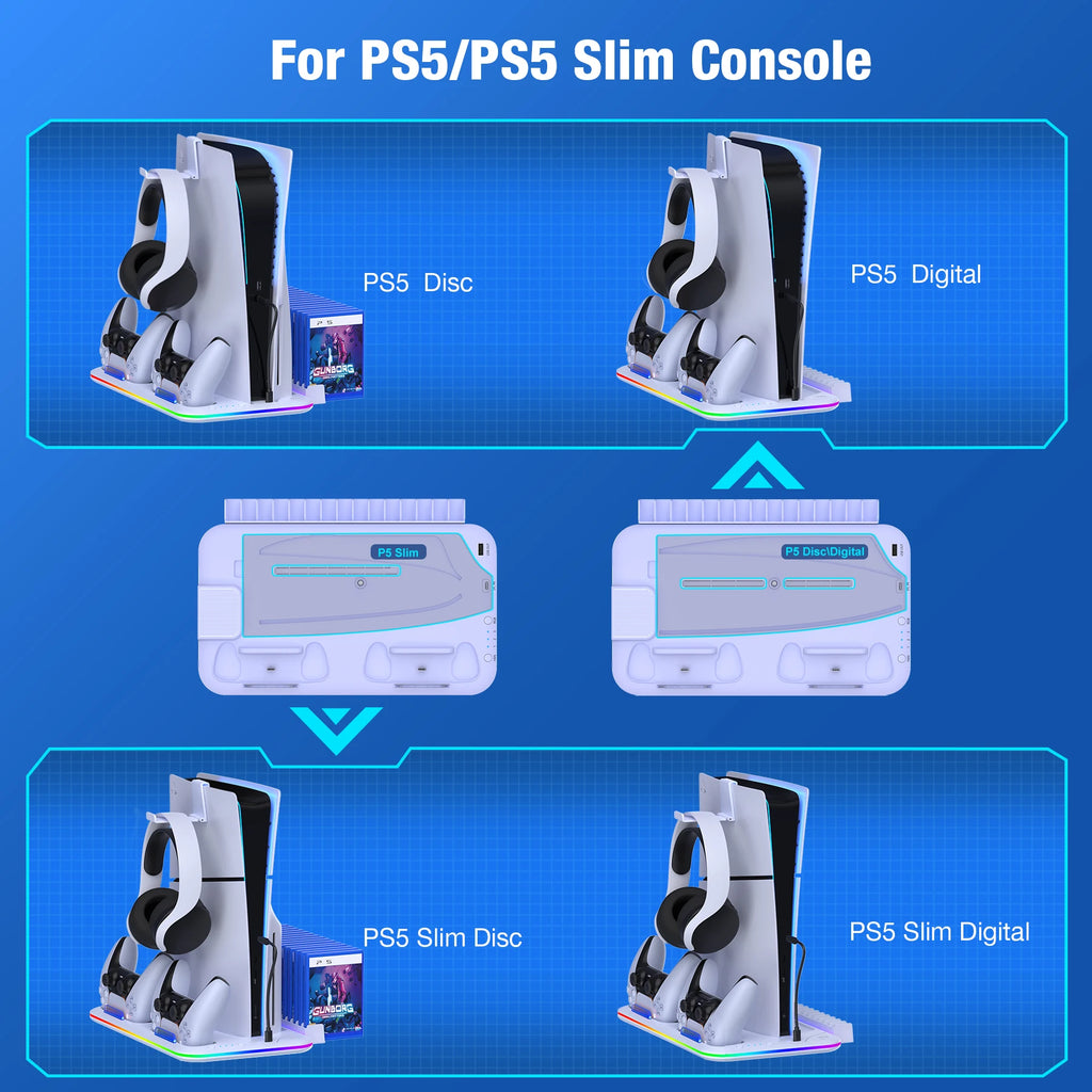 For PS5 Slim Cooling Stand with RGB Light Fan For PS5 Consol