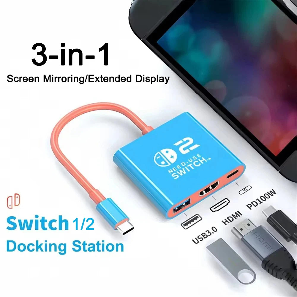 3 In 1 USB C HUB Type C to HDMI PD100W Charge Docking Station 4K 60Hz USB-C 3.0 for Switch 2/Switch/OLED MacBook Computer