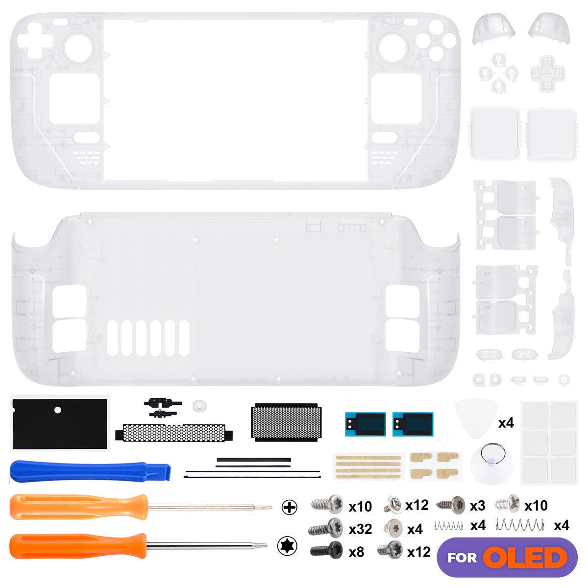 eXtremeRate Replacement Full Set Housing Shell W/Buttons for Steam Deck OLED Clear DIY Faceplate Back Plate Trackpad Case