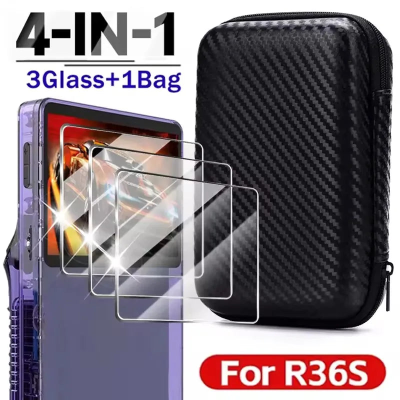 4 IN 1 Case+Glass for R36S Game Console Travel Carrying Stor