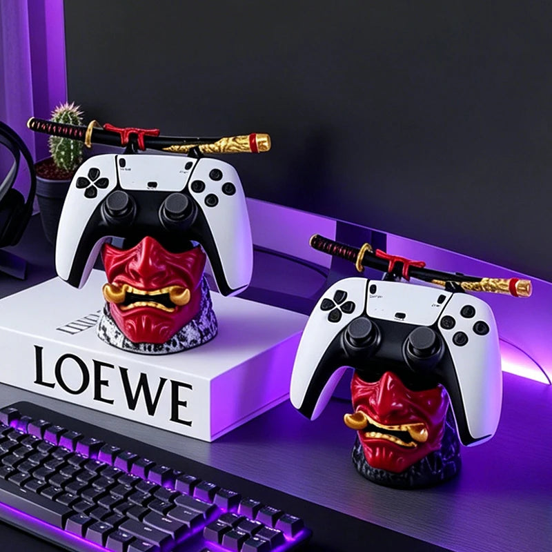 Cool Red Oni Mask Resin Game Controller Holder Samurai Sword