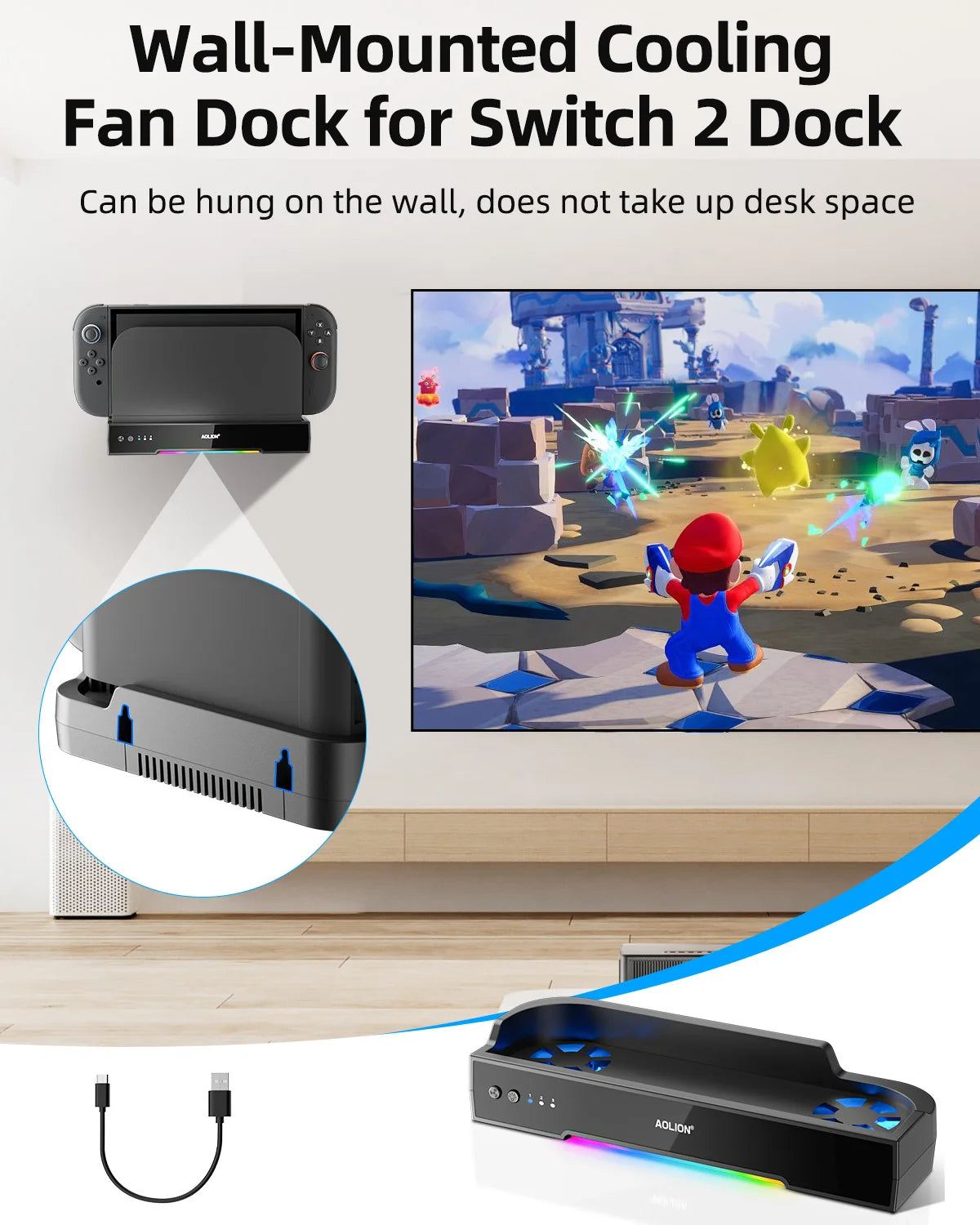 Aolion For Switch 2 Dock RGB Cooling Fan Portable HUB Expans