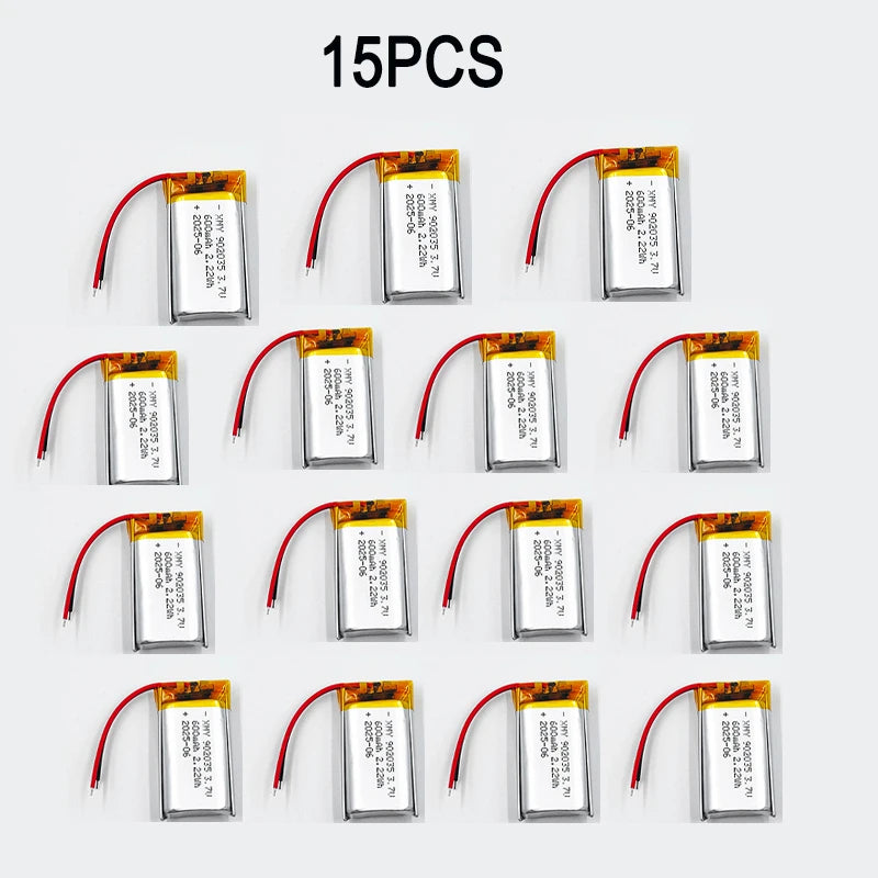 15pcs 902035 3.7V 600mAh Lithium Polymer LiPo Rechargeable Battery Replace Cells For Mp3 DIY PAD DVD E-book Bluetooth Headset