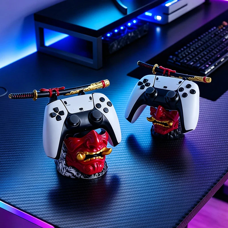 Cool Red Oni Mask Resin Game Controller Holder Samurai Sword