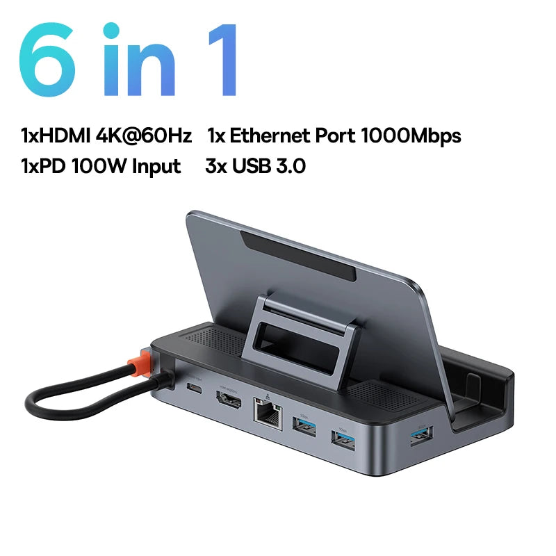 Baseus USB C Docking Station for Steam Deck Nintend Switch 6-in-1 Type C to 4K 60Hz HDMI-compatible Gigabit Ethernet USB 3.0 Hub