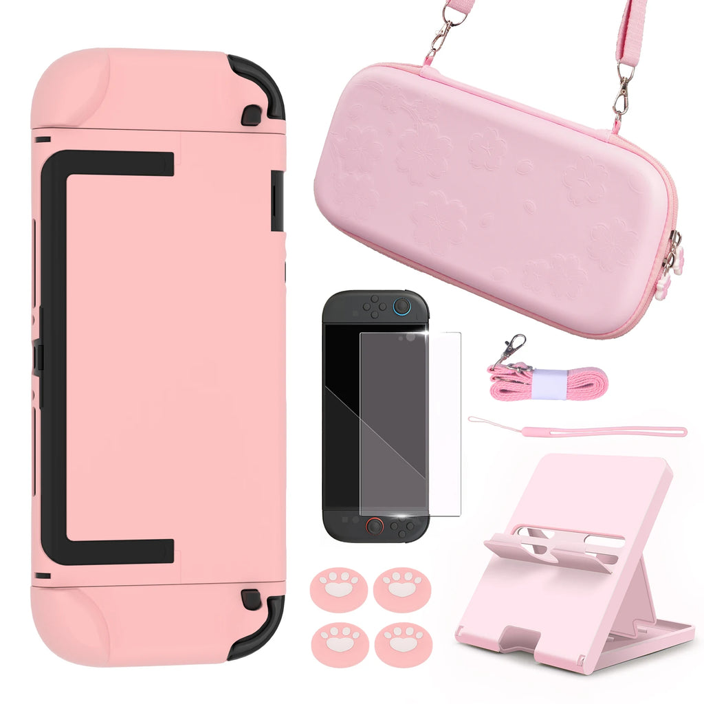 Pink Travel Case Accessories For Nintendo Switch 2 Cute Sakura Poch Carrying Bag With Strap Stand Temper Film Glass Protector