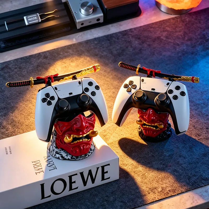 Cool Red Oni Mask Resin Game Controller Holder Samurai Sword