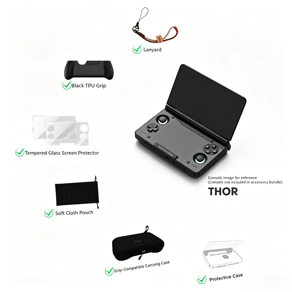 AYN THOR Gaming Console Accessory Bundle Ergonomic TPU Grip + Shockproof Carry Case + HD Tempered Glass Screen Protector 4-in-1