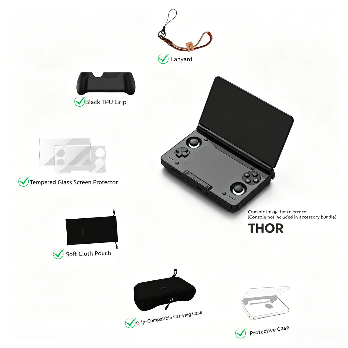 AYN THOR Gaming Console Accessory Bundle Ergonomic TPU Grip + Shockproof Carry Case + HD Tempered Glass Screen Protector 4-in-1